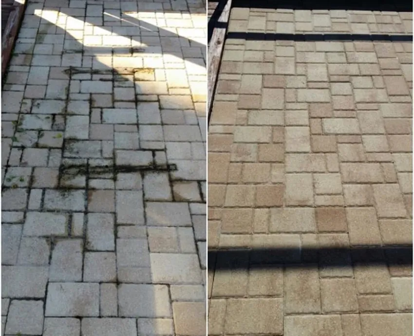 Before and after comparison of paver cleaning and restoration