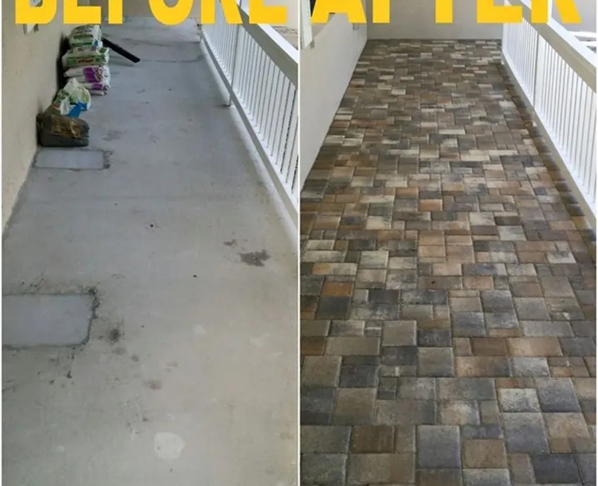 Before and after paver repair on a walkway near a house